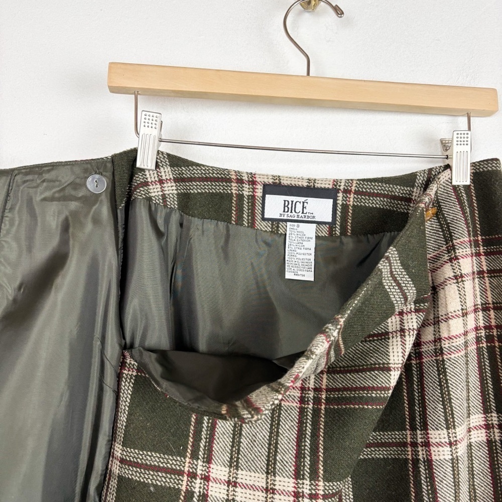 Vintage 90s Bice by Sag Harbor Green Plaid Wool Blend Knee Length Skirt Sz 8 - Picture 7 of 9